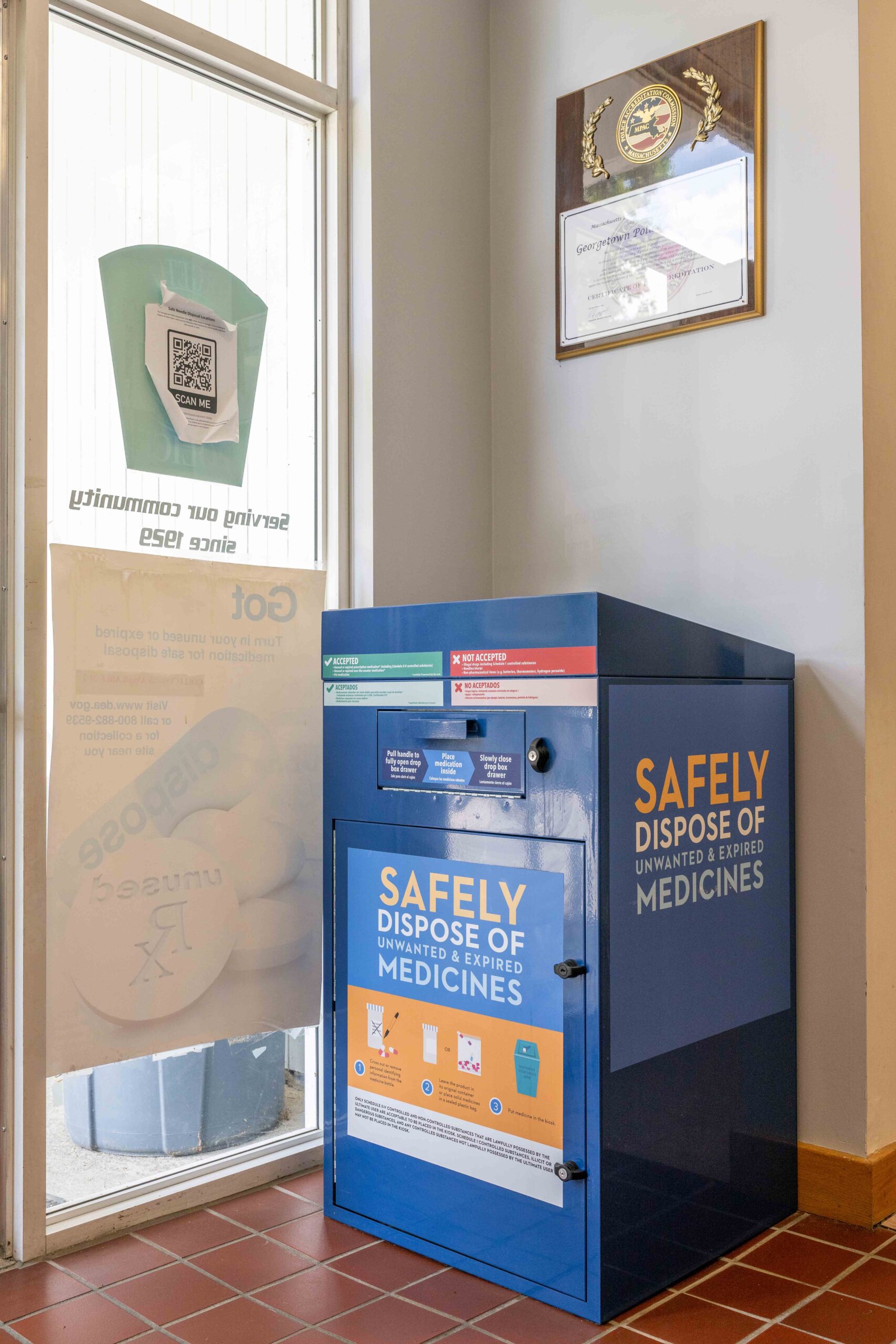 Prescription drug collection box in the Georgetown Police Headquarters.